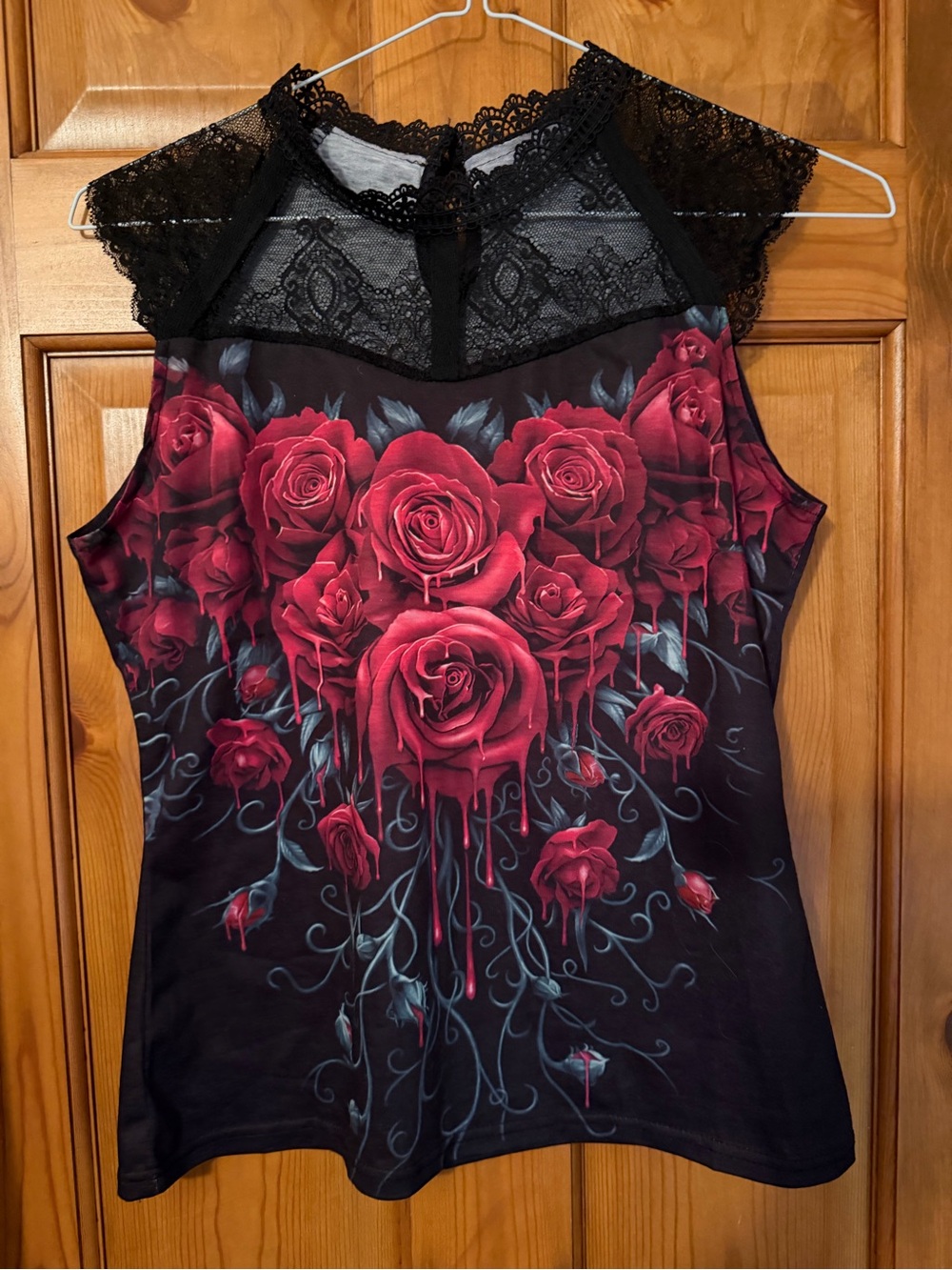 SHEIN Black Lace Yoke Tank with Red Rose Graphic